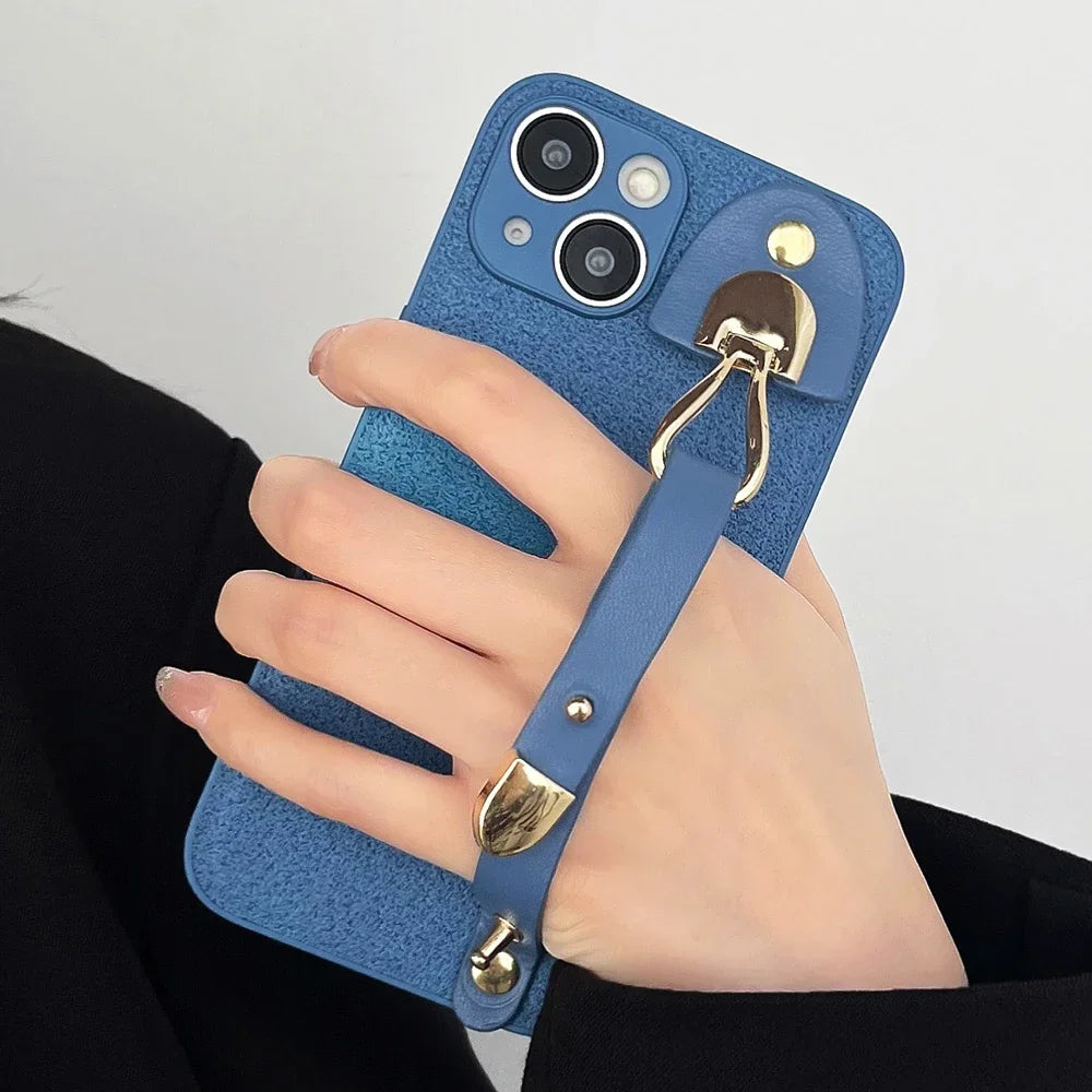 Leather Pattern Wrist Strap Case For iphone 16 15 14 13 12 11 Pro Max XR X Xs Max Luxury Shiny Color Shockproof Phone Cover