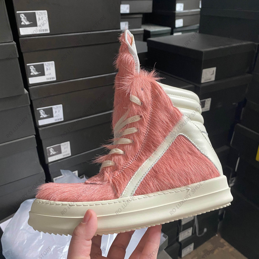 Casual Designer Horse Fur Women Ankle Boot High Top Men Sneaker Leather Geobasket Pink Zipper Quality Thick-sole Platform Shoe - Touchy Style