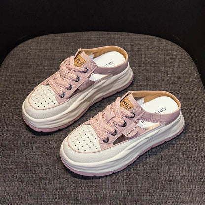 Genuine Leather Slippers Women Hollow Mules Summer Height Increasing Breathable Casual Shoes Wedges Platform Lace-up Sneakers - Touchy Style