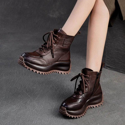 Handmade Woman Genuine Leather Sneakers Thick Soled Short Boots Height Increasing British style Platform Women&