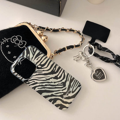 Cute Phone Cases iPhone 16, 15, 14, 13 Pro Max - Double Layers Zebra Pattern - Black Heart Wrist Chain - PC1420 - Touchy Style