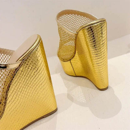 Eilyken Street Style Gold Silver Fashion Open Toe Platform Wedges Women Slippers Design Mesh Fabric Banquet High Heels Shoes - Touchy Style