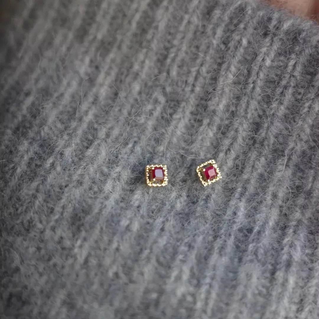 925 Sterling Silver Plated 14K Gold Red Zircon Square Earrings for Women Simple Temperament Jewelry Accessories - Touchy Style