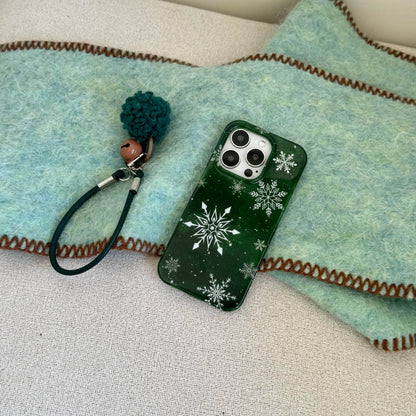 Cute Phone Cases For iPhone 16, 15, 14, 13 Pro Max - Vintage Glittering Green Snowflakes - Fluffy Dangle Chic Back Cover - PC9430 - Touchy Style