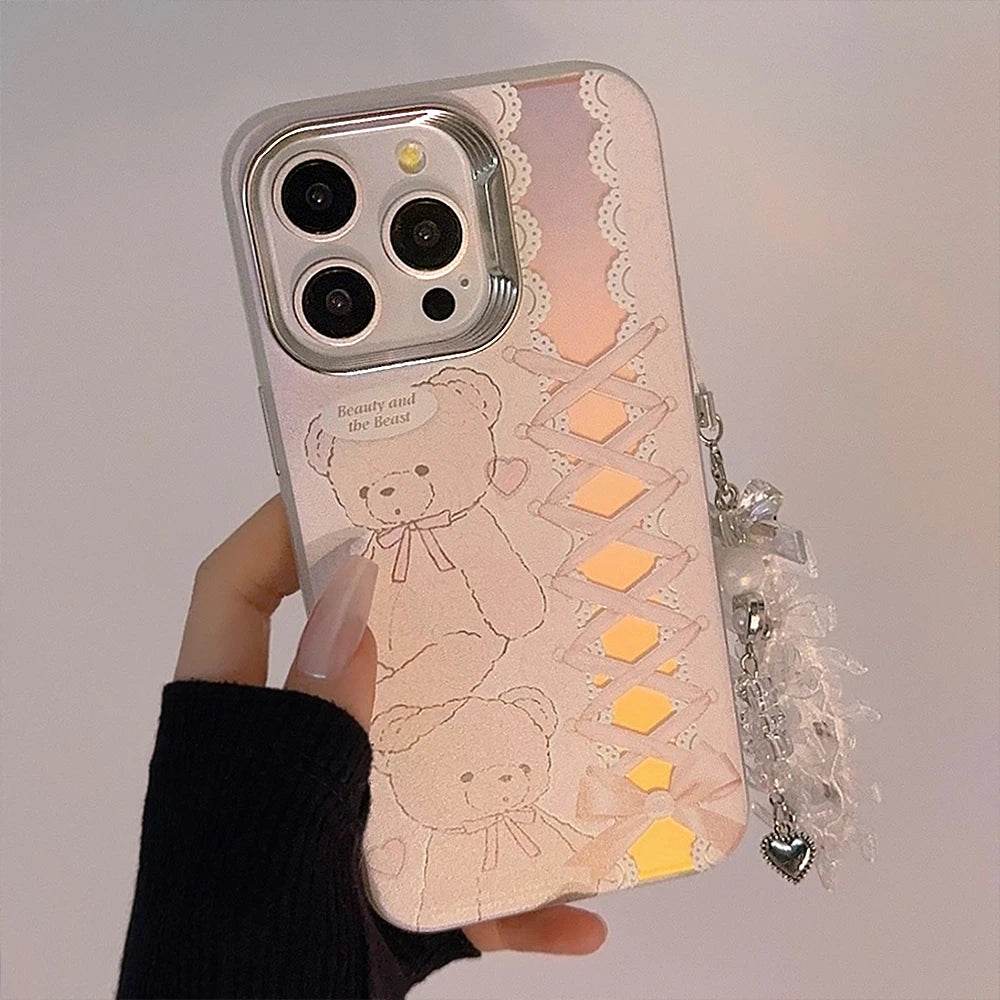 Cute Phone Cases For iPhone 15, 14, 13, 12 Pro Max, 14, 15 Plus, 11 - Cartoon Bear Bowknot Ribbon Pendant - PC5220 - Touchy Style