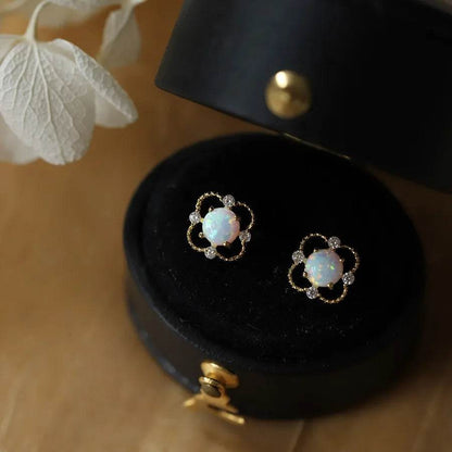 925 Sterling Silver Electroplated 14K Gold Earrings for Women French Imitation Opal Zirconia Flower Light Luxury Earrings - Touchy Style