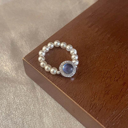 PANJBJ 925 Sterling Silver Blue Crystal Rings For Women Pearl Bead String Design Sweet Elastic Jewelry Gift Dropshipping - Touchy Style