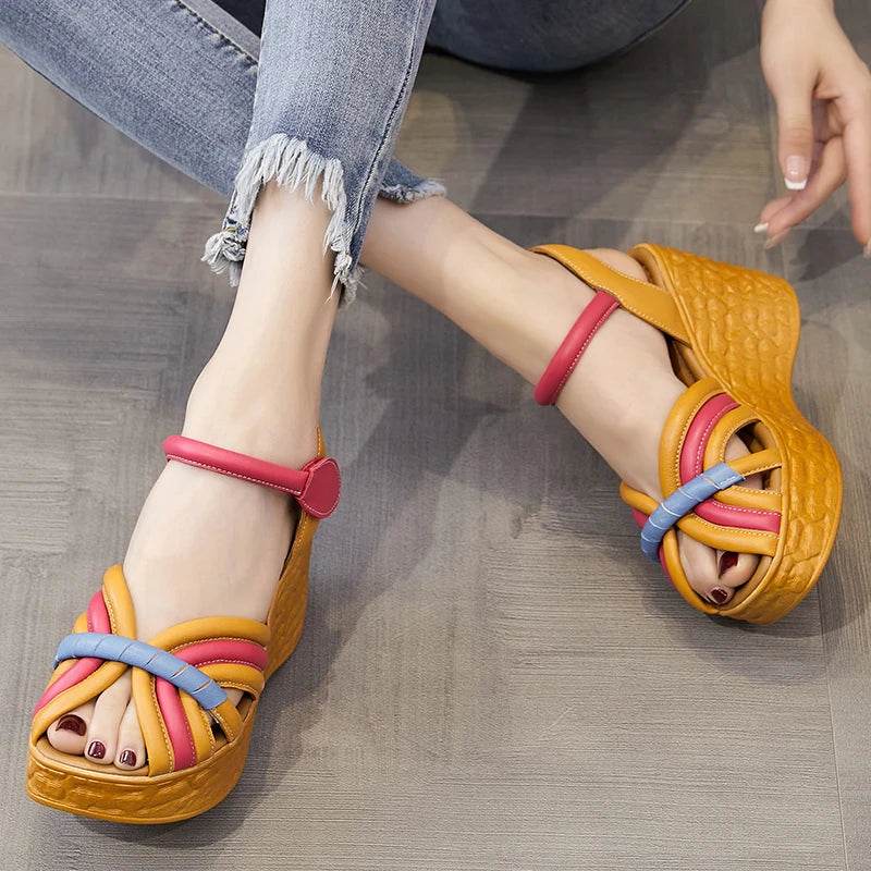 Women Sandals Genuine Leather New Summer Women Shoes hook &amp; loop Retro Wedges Casual Platform Ladies Sandals