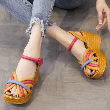 Women Sandals Genuine Leather New Summer Women Shoes hook &amp; loop Retro Wedges Casual Platform Ladies Sandals