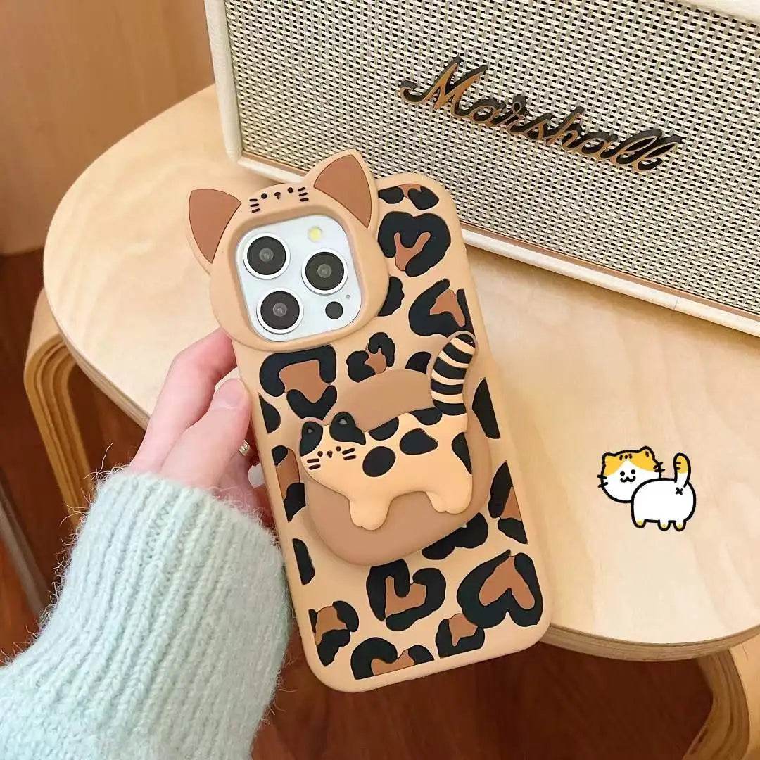 Cute Phone Cases - 3D Heart Leopard and Printed Cat Bracket - Cat Ears Kitten Camera Protection Cover - IC5021 - Touchy Style