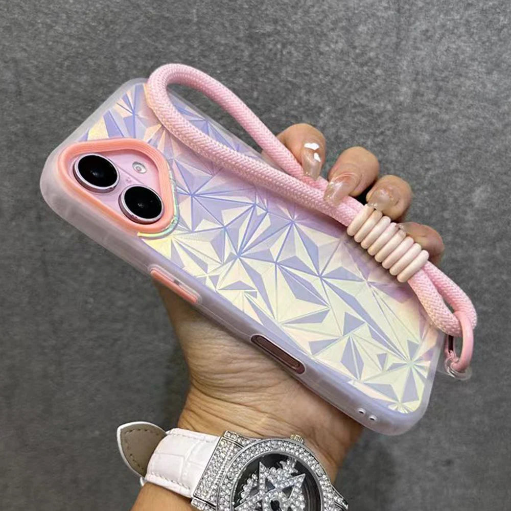Wrist Strap Laser Diamond Pattern Case For iPhone 16 15 14 13 12 11 Pro Max Plus Dopamine Short Lanyard Shockproof Glitter Cover