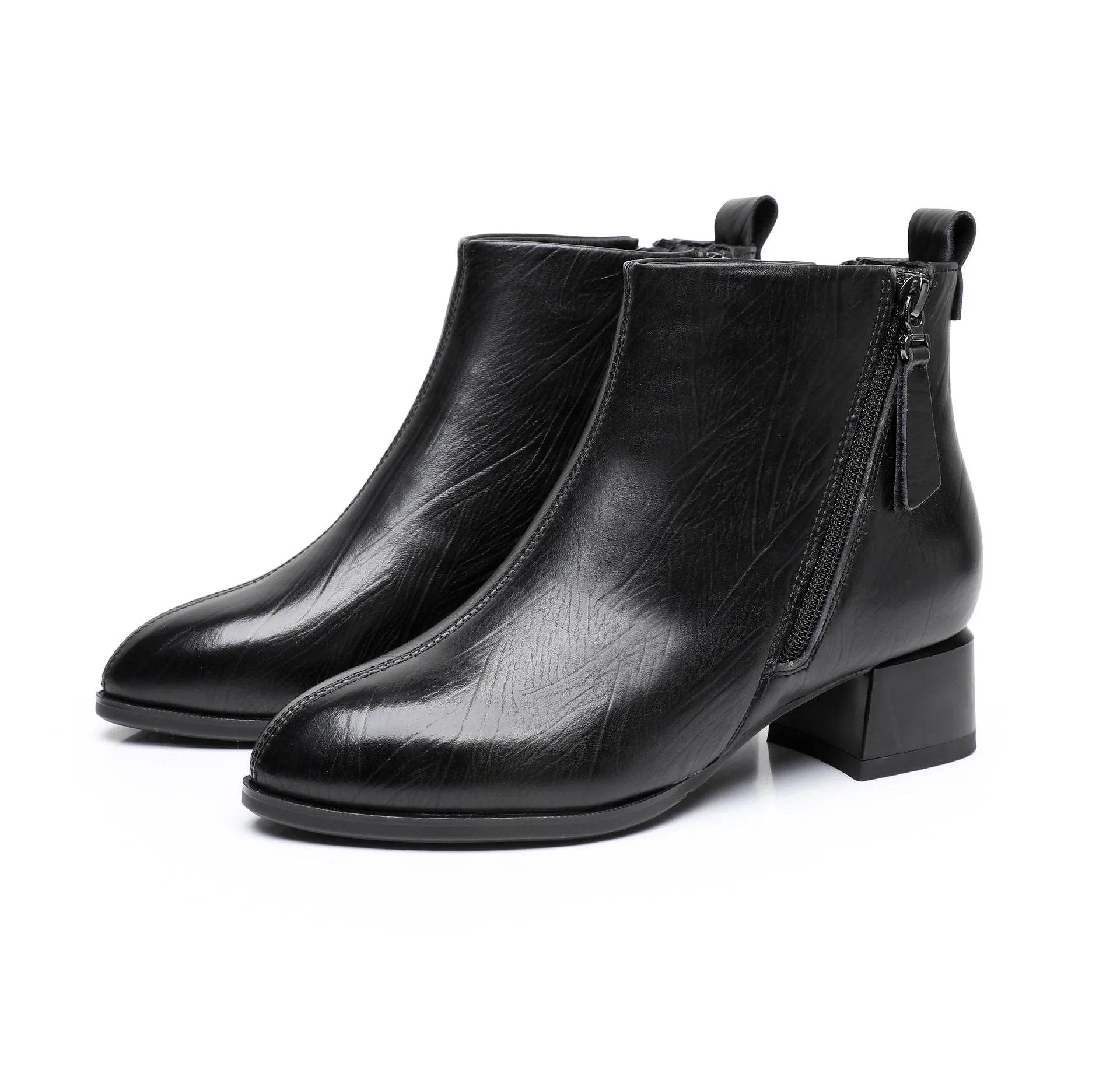 New Ankle Boots Women Pointed Toe Thick Heels Genuine Leather Shoes Short Boots Soft Sole Footwear Plus Size 35-43 - Touchy Style