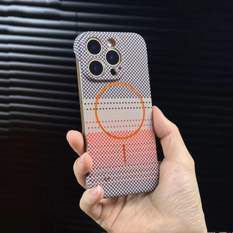 Ultra Thin Carbon Fiber Magsafe Wireless Charge Case for iPhone 16 15 14 Plus 13 12 11 Pro Max Frameless Kevlar Texture PC Cover