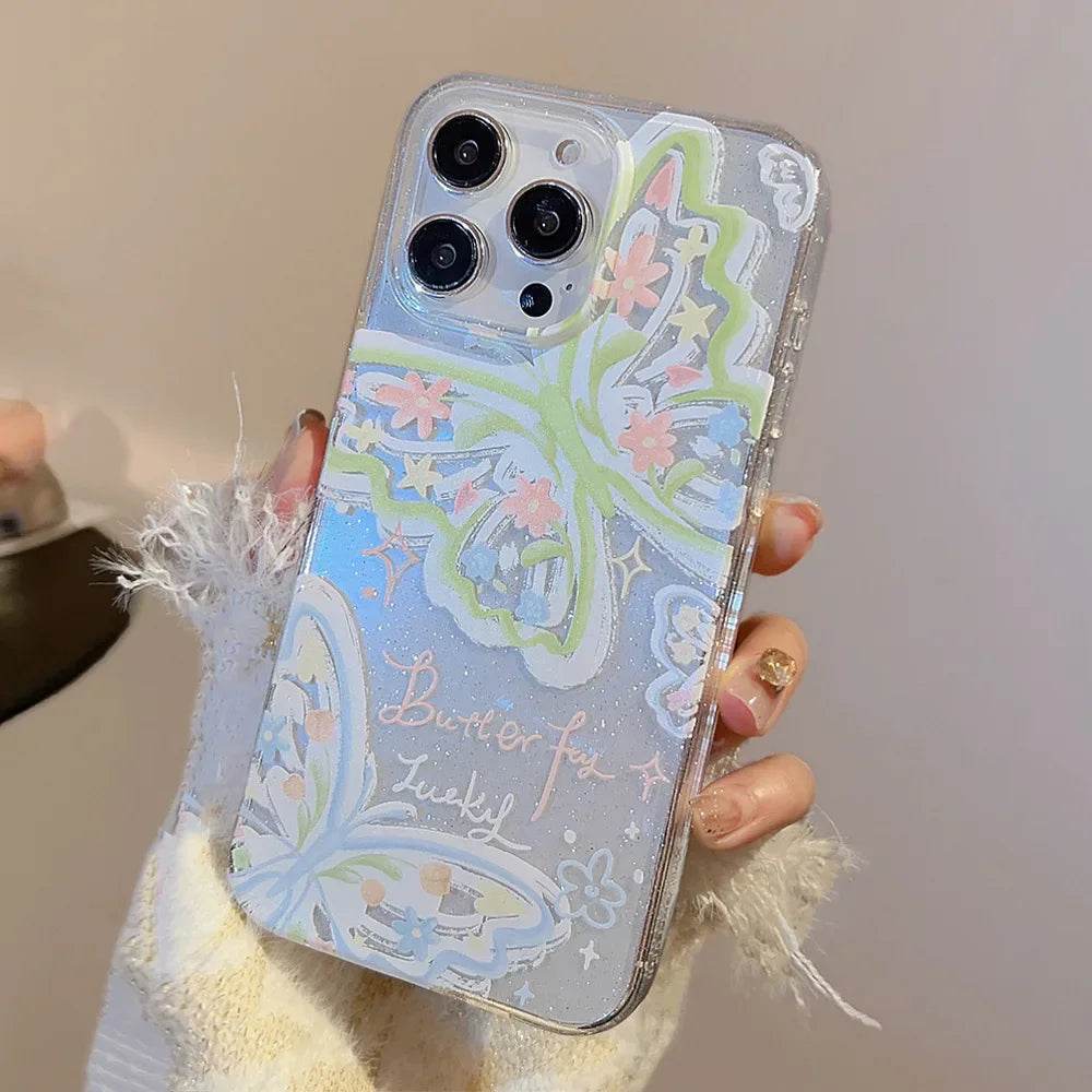 Cute Phone Cases For iPhone 16, 15, 14, 13, 12 Pro Max, 15, 14 Plus - Fairy Glitter Green Butterfly - Transparent Cover - IC1420 - Touchy Style