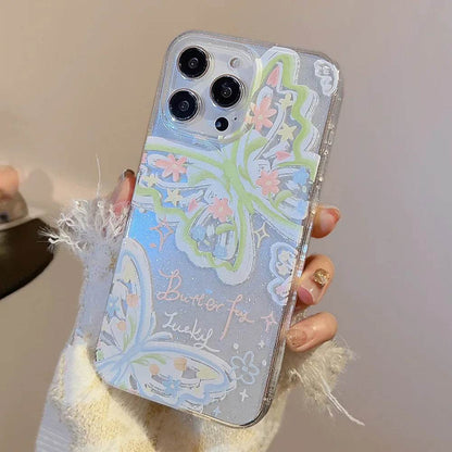 Cute Phone Cases For iPhone 16, 15, 14, 13, 12 Pro Max, 15, 14 Plus - Fairy Glitter Green Butterfly - Transparent Cover - IC1420 - Touchy Style