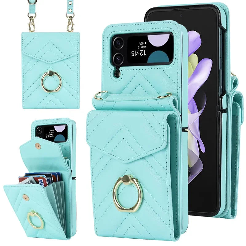BCPC947 Cute Phone Cases for Galaxy Z Flip 5, Galaxy Z Flip 4, and Galaxy Z Flip 3 - Luxury Crossbody Leather Wallet Cover