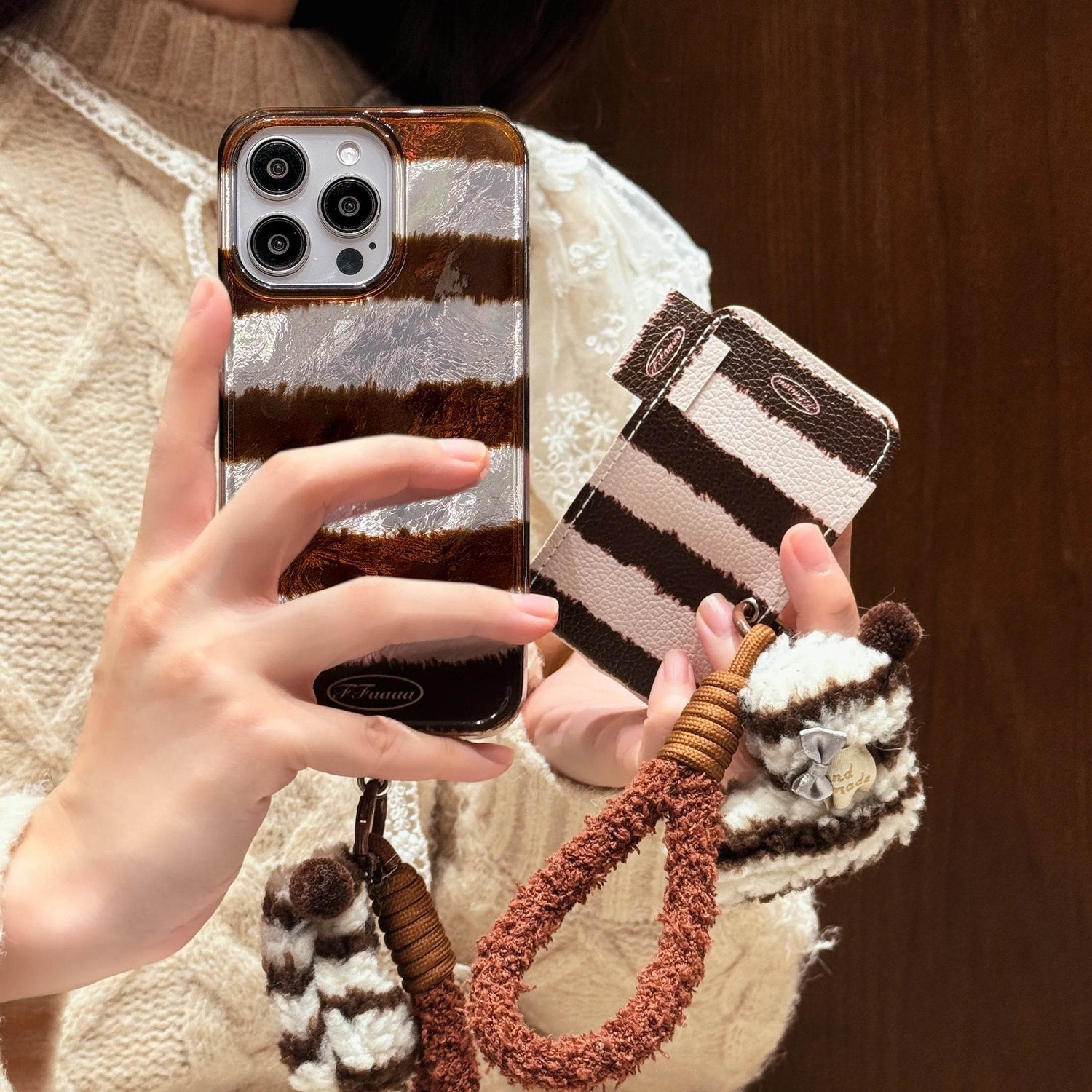 Cute Phone Cases For iPhone 16, 15, 14, 13 Pro Max - Creative Laser Brown Stripes with Fluffy Socks Wrist Band - PC6130 - Touchy Style