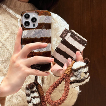 Cute Phone Cases For iPhone 16, 15, 14, 13 Pro Max - Creative Laser Brown Stripes with Fluffy Socks Wrist Band - PC6130 - Touchy Style