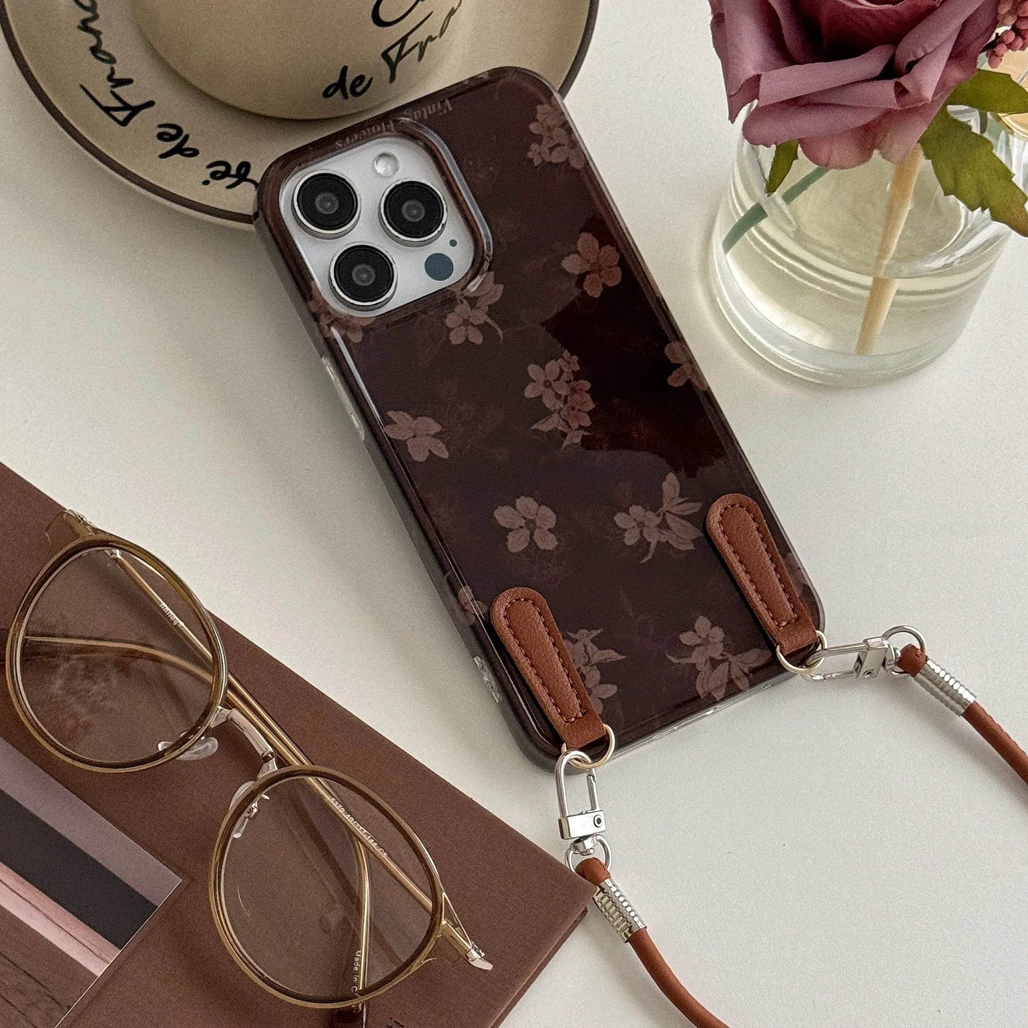 Cute Phone Cases for iPhone 16, 15, 14, 13 Pro Max - Leather Floral Prints With Leather Wrist Band - Chic Back Cover - PC2420 - Touchy Style
