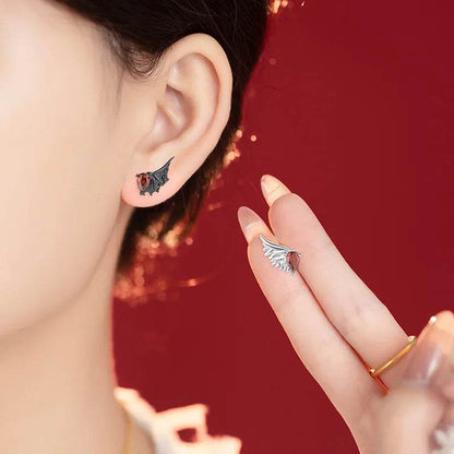 PANJBJ 925 Sterling Silver Red Zircon Studs Earring For Women Neo-Gothic Punk Wing Feather Angel Devil Jewelry Gift Dropshipping - Touchy Style
