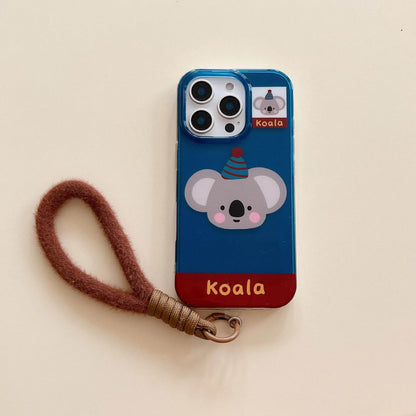 Cute Phone Cases For iPhone 16, 15, 14, 13 Pro Max - Cartoon Koala &amp; Elephant Pattern - Back Cover With Wrist Chain - PC0520 - Touchy Style