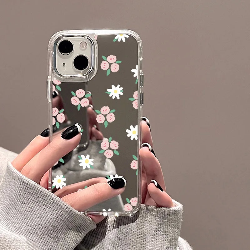 Flower Mirror Phone Case For iPhone 14 Pro Case for iPhone 13 11 12 15 16 Pro Max X XS XR Shockproof Silicone Cover Girl Shell