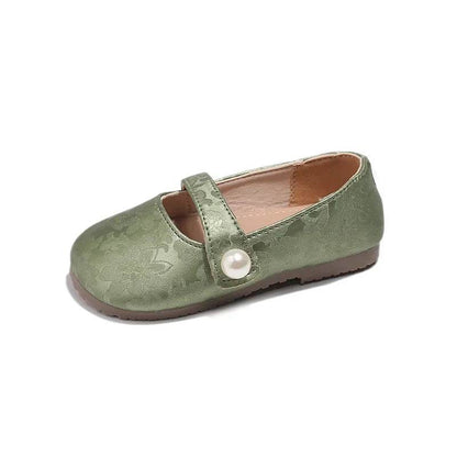 New Girls Embossed Flower Small Leather Shoes Little Kids Baby Princess Shoes Autumn Models Beige Green Silver Girl Shoes H07295 - Touchy Style