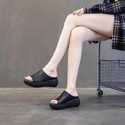 Genuine Leather Summer Shoes Women Slippers Wedges Outside Slides Leisure 2024 New Handmade Concise Ladies Slippers