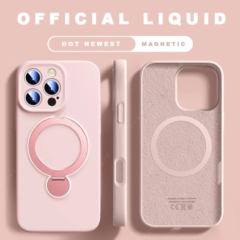 For Magsafe Stand Phone Case For iPhone 16 Plus 13 14 15 16 Pro Max Liquid Silicone Magnetic Charge Holder Protector Soft Cover
