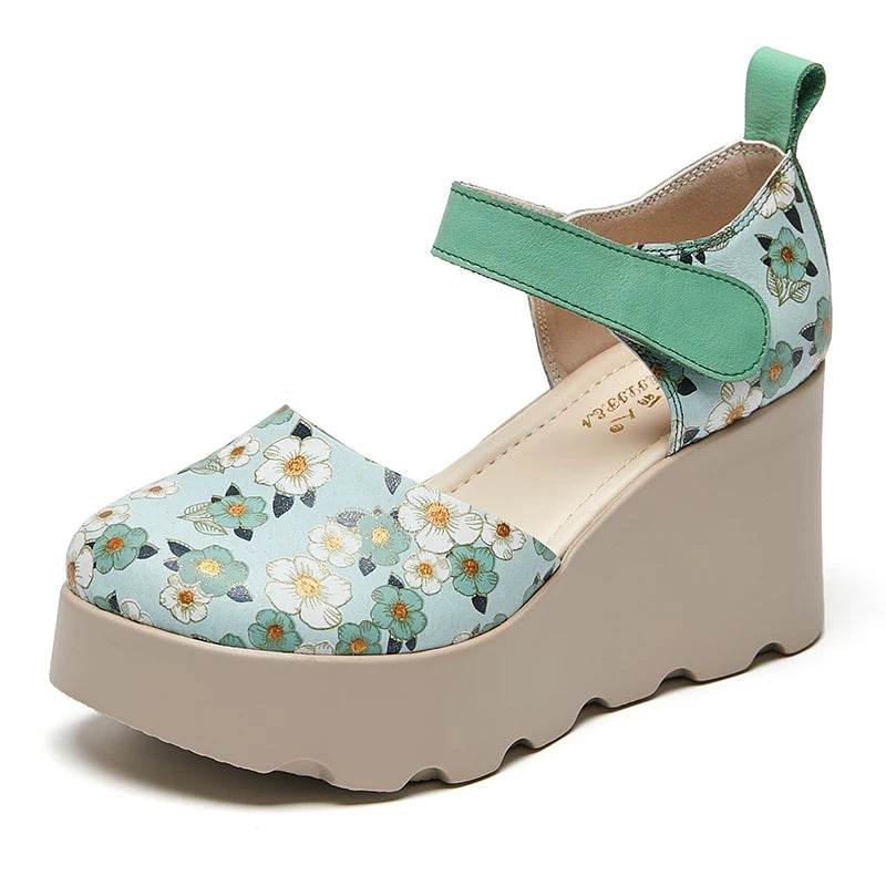 Women Sandals Genuine Leather New Summer Women Shoes hook &amp; loop Retro Wedges Casual Print Platform Ladies Sandals