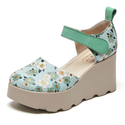 Women Sandals Genuine Leather New Summer Women Shoes hook &amp; loop Retro Wedges Casual Print Platform Ladies Sandals