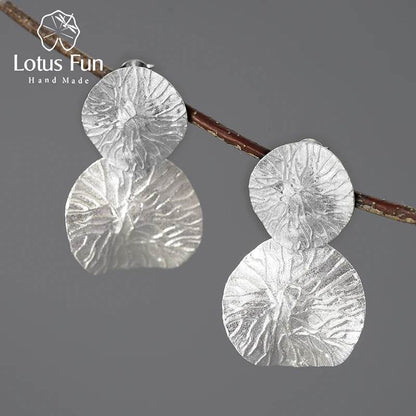 Lotus Fun Minimalism Round Vintage Double Lotus Leaves Dangle Earrings for Women Real 925 Sterling Silver Statement Fine Jewelry - Touchy Style