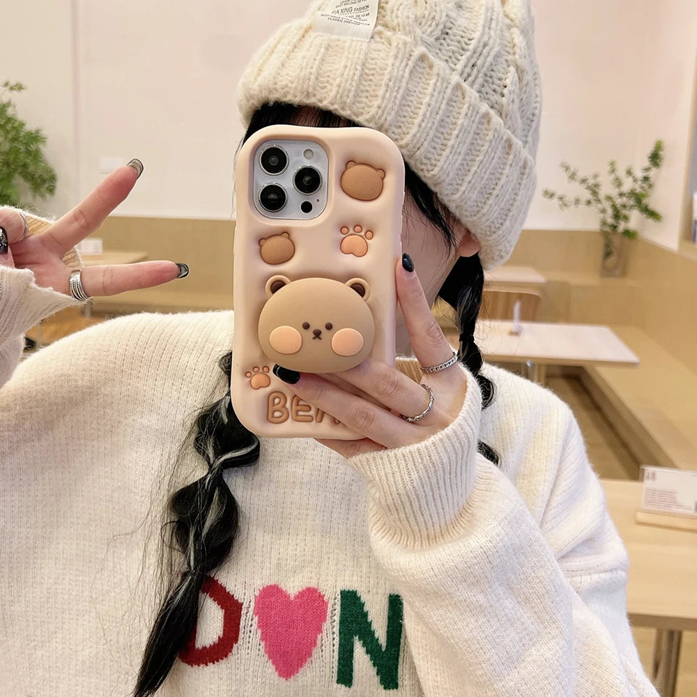 3D Bear Hidden Holder Cute Phone Case for iPhone 11, 12, 13, 14, 15 Pro Max, XS, XR, X, 7, 8 Plus