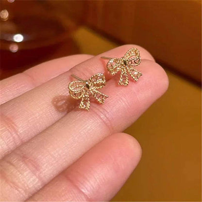 Genuine 925 Sterling Silver Plated 14K Gold Lace Bow Cute Earrings For Women Romantic Earrings Fine Hypoallergenic Jewelry - Touchy Style