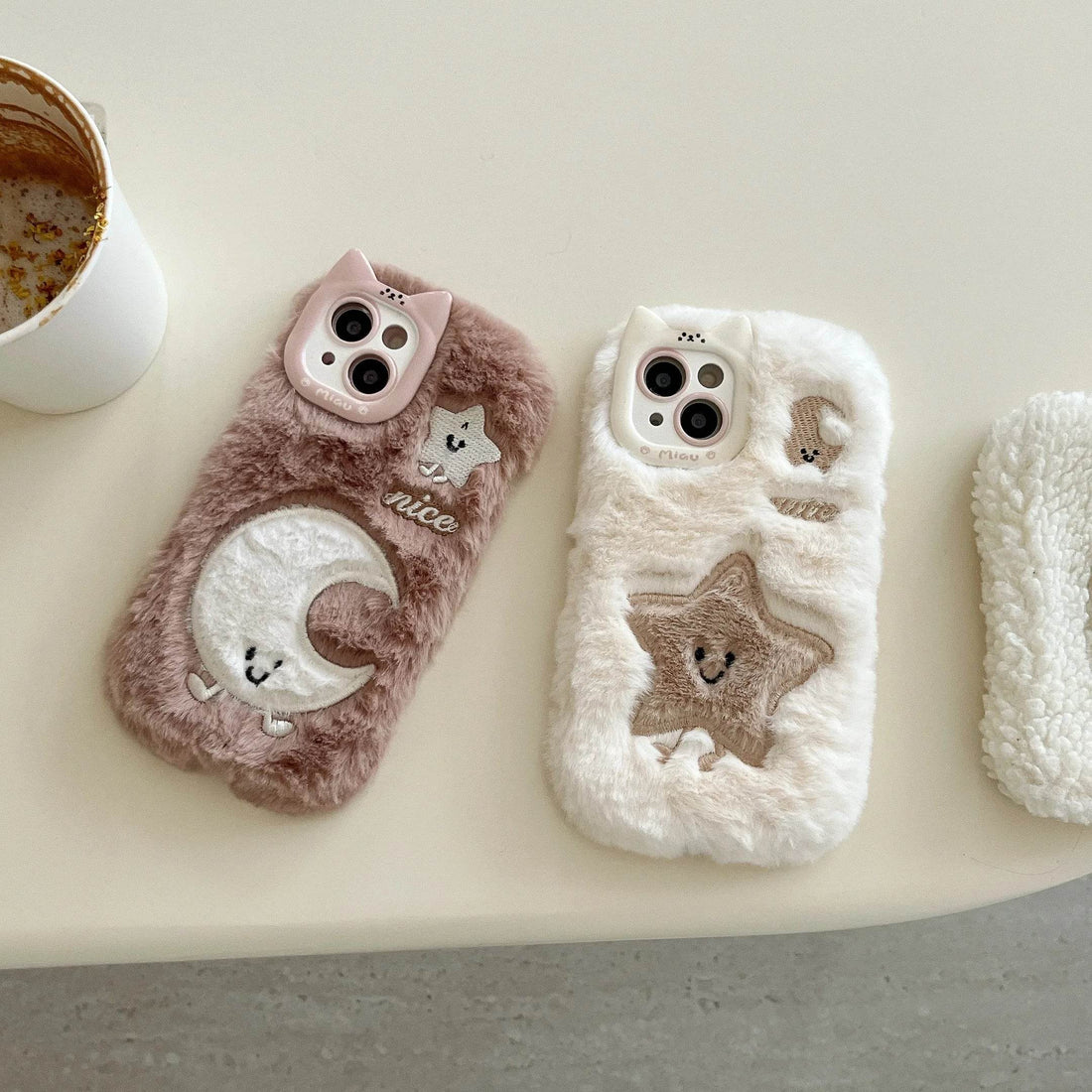 Cute Phone Cases For iPhone 16, 15, 14, 13 Pro Max - Cartoon Star &amp; Moon Fluffy Embroidery Cat Ear Lens Frame - PC9420 - Touchy Style