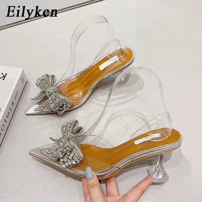 Spring Autumn Crystal Sequined Bowknot Silver Women Pumps Low High Heels PVC Transparent Sandals Party Wedding Prom Shoe - Touchy Style