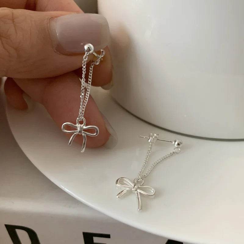 925 Sterling Silver Long Earring Charm Jewelry - Bowknot Hollow Out Chain - E1520 - Touchy Style