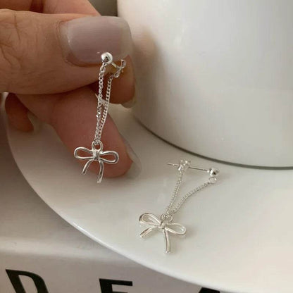 925 Sterling Silver Long Earring Charm Jewelry - Bowknot Hollow Out Chain - E1520 - Touchy Style