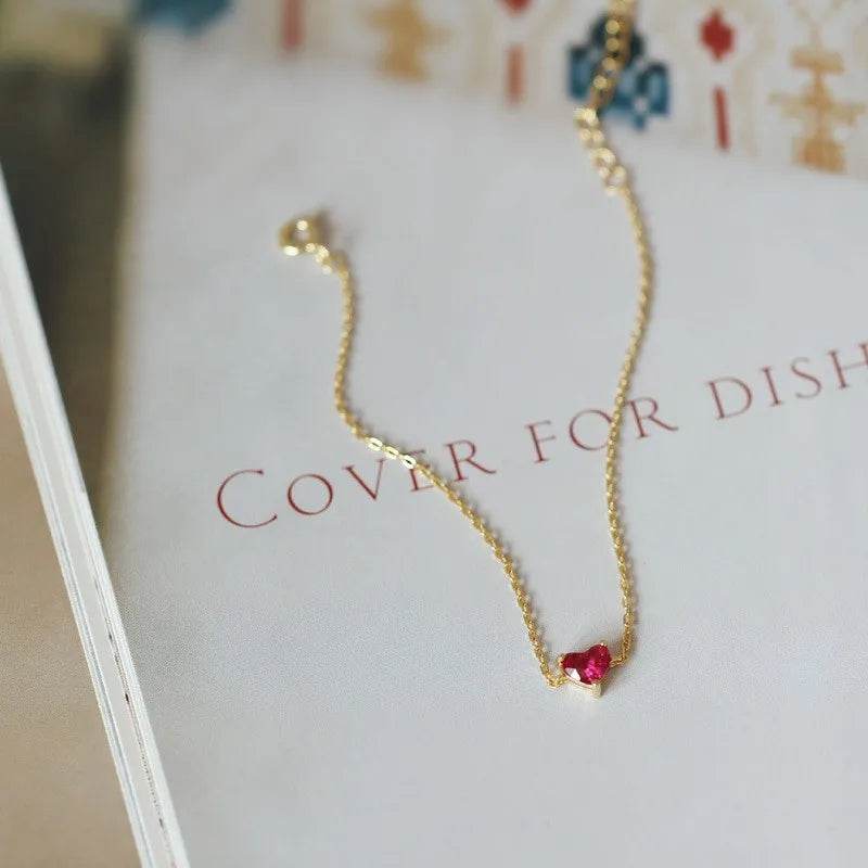 925 Sterling Silver Plated 14K Gold Red Zircon Heart Bracelet for Women Korean Simple Temperament Party Jewelry Accessories - Touchy Style