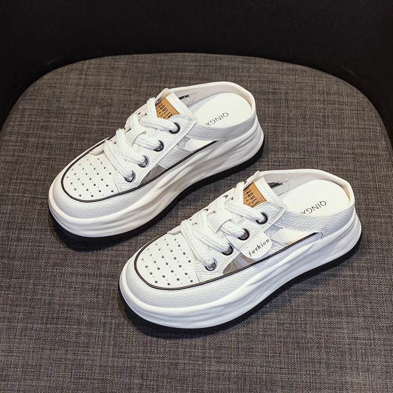 Genuine Leather Slippers Women Hollow Mules Summer Height Increasing Breathable Casual Shoes Wedges Platform Lace-up Sneakers - Touchy Style