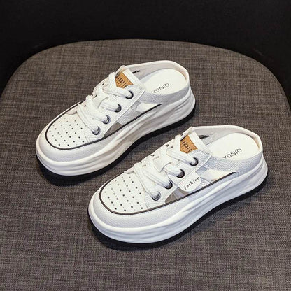 Genuine Leather Slippers Women Hollow Mules Summer Height Increasing Breathable Casual Shoes Wedges Platform Lace-up Sneakers - Touchy Style