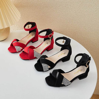 Children Sandals for Girls Rhinestones Toes Wrapped Chic Low Heels 2023 Sweet Princess Mary Janes for Party Wedding Shows Simple - Touchy Style