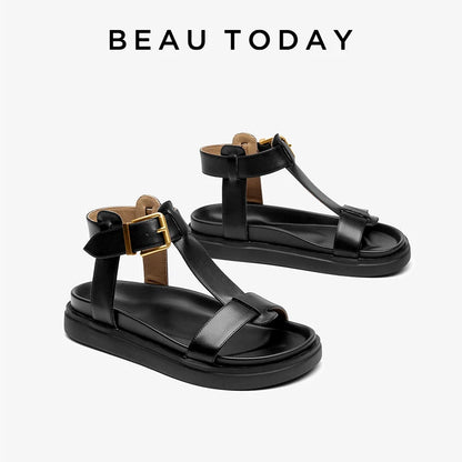 BEAUTODAY Gladiator Sandals Women Genuine Cow Leather T-Strap Platform Sandal Leisure Summer Ladies Shoes Handmade 32429