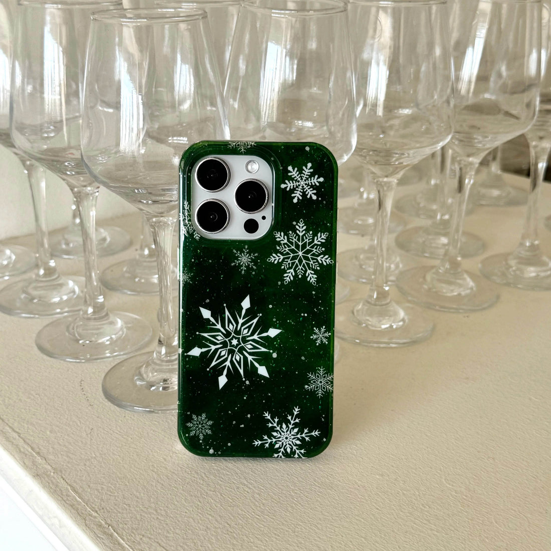 Cute Phone Cases For iPhone 16, 15, 14, 13 Pro Max - Vintage Glittering Green Snowflakes - Fluffy Dangle Chic Back Cover - PC9430 - Touchy Style