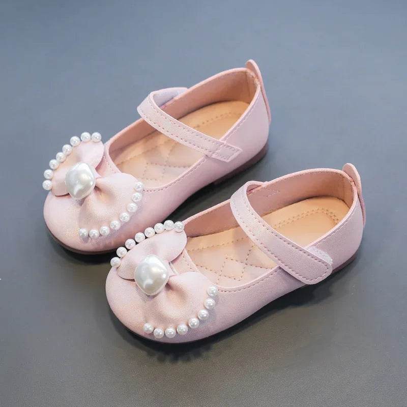 Solid Color Bow Simple Casual Pearl Cute Baby Girl Flats New 2024 Hook &amp; Loop Little Princess Soft Mary Jane Fashion Kids Shoes - Touchy Style