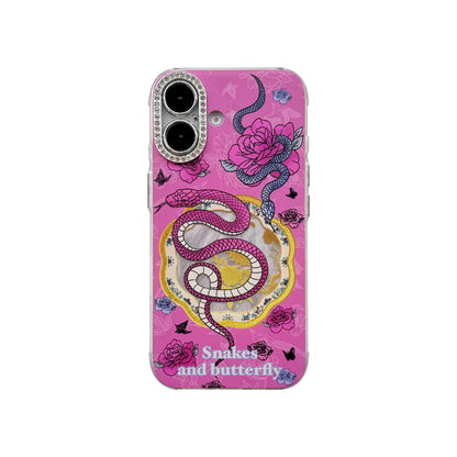 Cute Phone Cases For iPhone 16, 15, 14, 13 Pro Max - Rose Pink Snake &amp; Roses - Lens Protection Chic Back Cover - PC9140 - Touchy Style