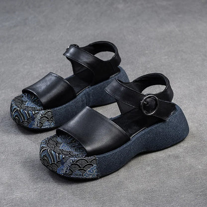 Summer New Thick Sole Peep Toe Sandals Genuine Leather Chinese Style Retro Versatile Women&