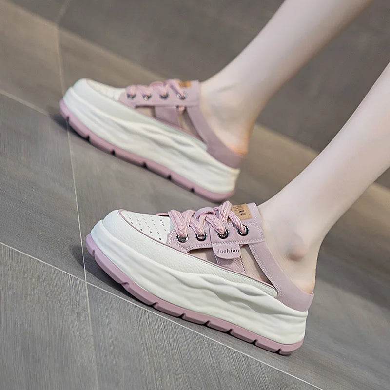 Genuine Leather Slippers Women Hollow Mules Summer Height Increasing Breathable Casual Shoes Wedges Platform Lace-up Sneakers - Touchy Style