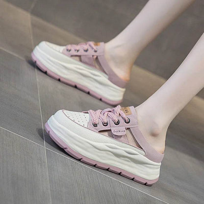 Genuine Leather Slippers Women Hollow Mules Summer Height Increasing Breathable Casual Shoes Wedges Platform Lace-up Sneakers - Touchy Style