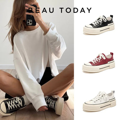 BEAUTODAY Canvas Shoes Women Split Leather Solid Color Spring Outdoors Lace-up Ladies Shoes Handmade 29248